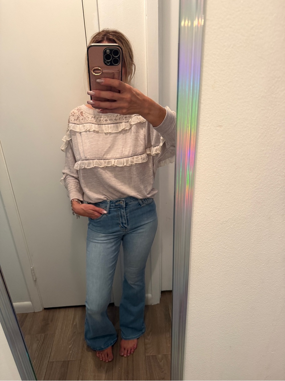 Love Sam Cream Ruffle Lace Yoke Long Sleeve Top
